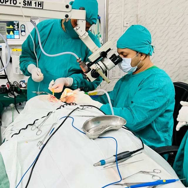 Microscopic ear surgery in progress